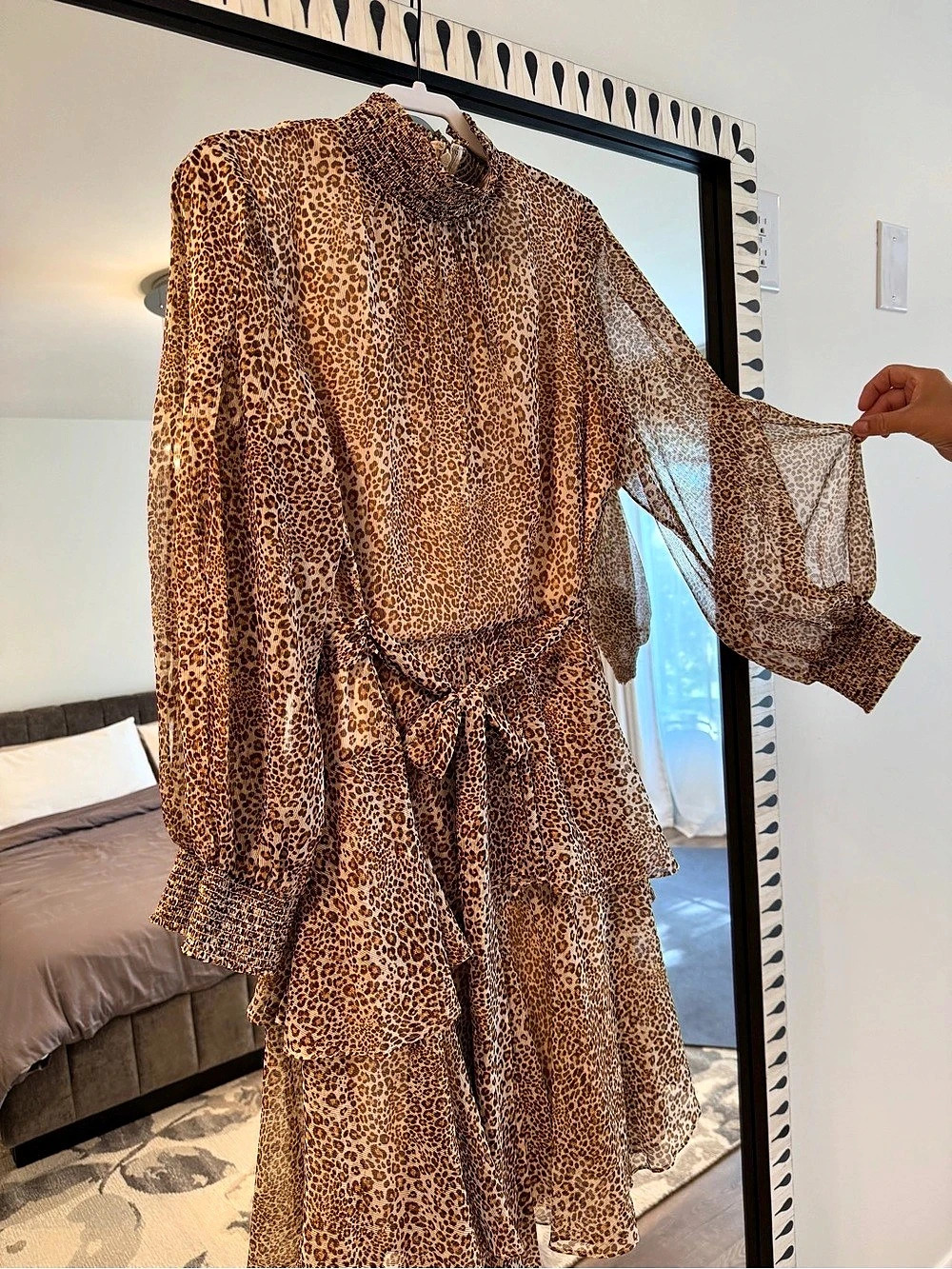 Alex Marie Leopard Print Chiffon Mock Neck Tiered Dress Size 14